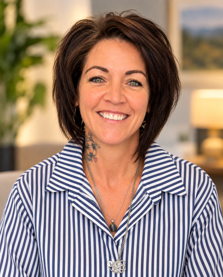 Ruth Crause | General Manager at Freeman House Recovery, pictured in a blue and white striped shirt