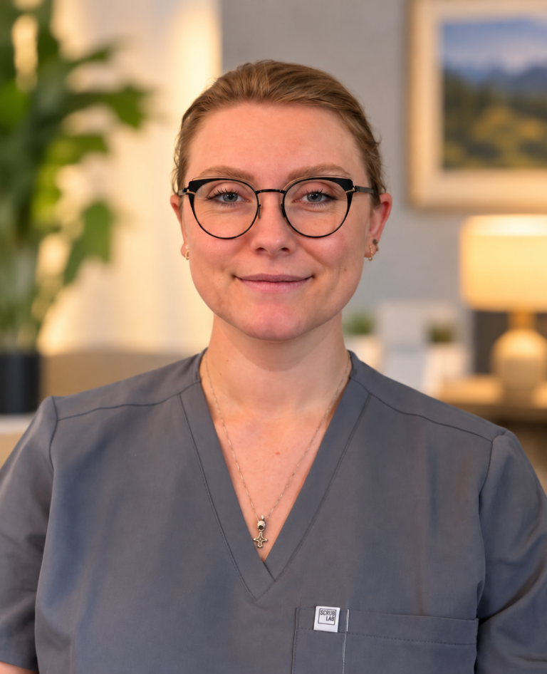 Alexi Trninic | Occupational Therapist at Freeman House Recovery, pictured in grey scrubs and glasses