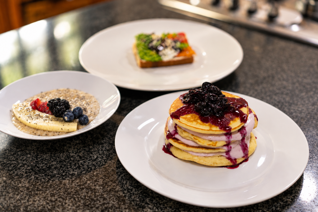 Berry Pancakes and Breakfast Trio