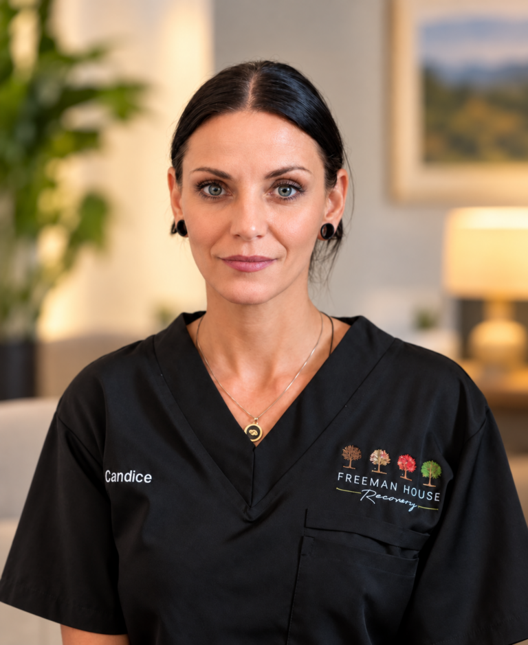 Candice Levin | Recovery Assistant at Freeman House Recovery, pictured in black scrubs
