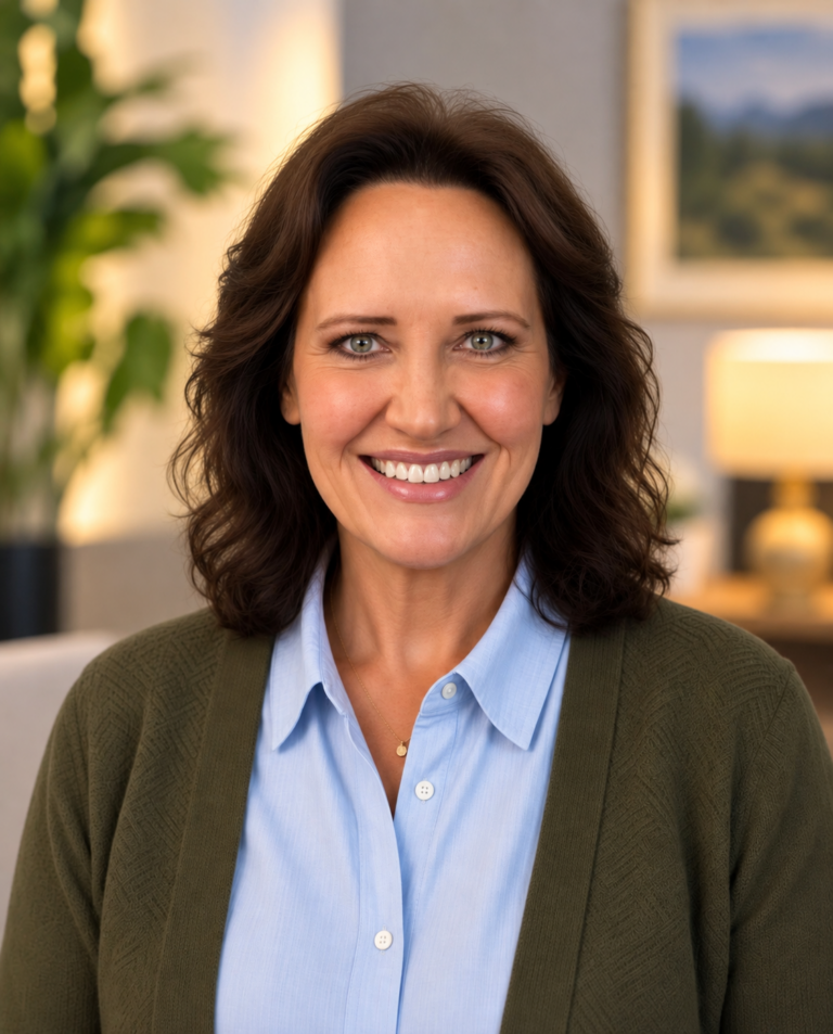 Colleen Muskat | Family Support Therapist & Senior Addiction Counsellor at Freeman House Recovery, pictured in a light blue shirt and dark jacket