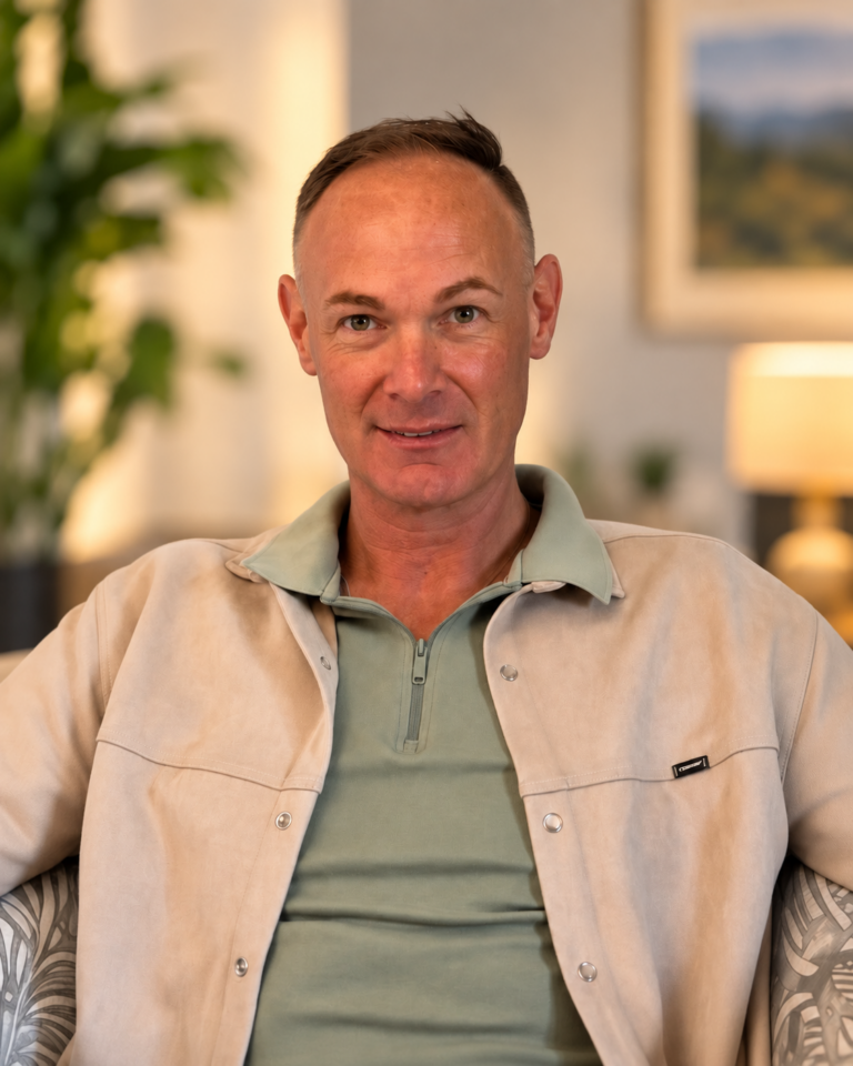 Dylan Brown | Addiction Counsellor & Recovery Coach at Freeman House Recovery, pictured in a light beige shirt