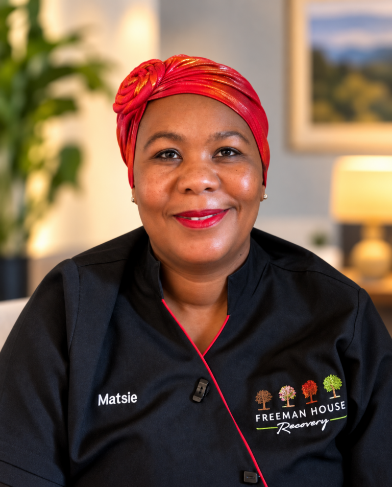 Matsie Mantu | Housekeeper at Freeman House Recovery, pictured in a black uniform and red headwrap
