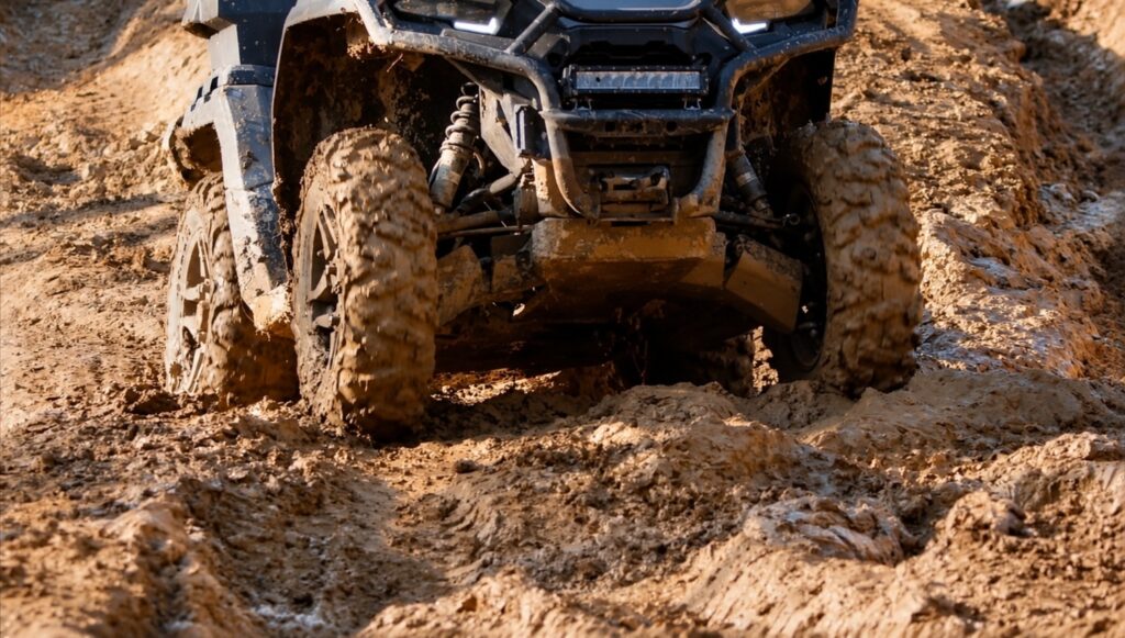 Muddy UTV Conquering Rutted Terrain