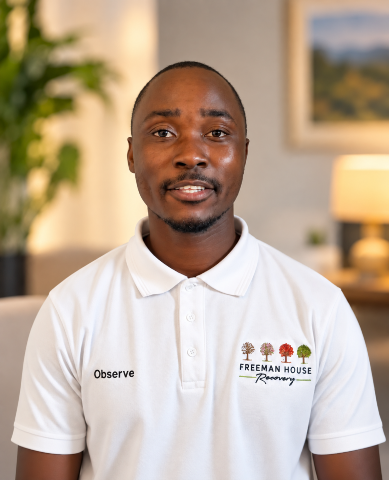 Observe Shumba | Head of Security and General Maintenance at Freeman House Recovery, pictured in a white polo shirt