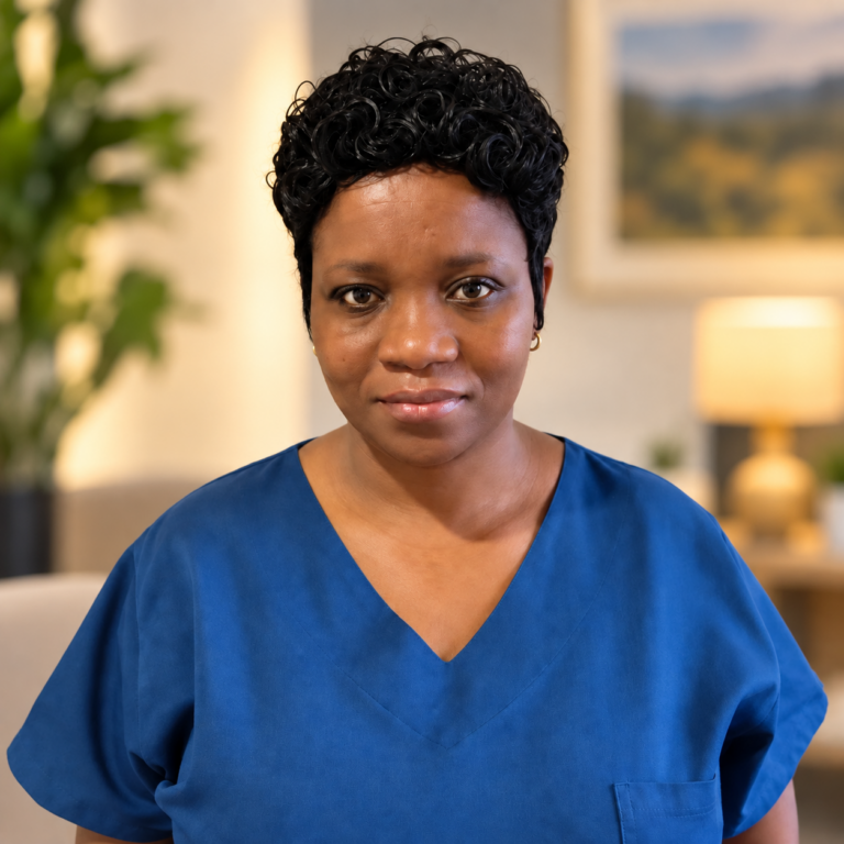 Zanele Dhlamini | Registered Nurse at Freeman House Recovery, pictured in blue scrubs